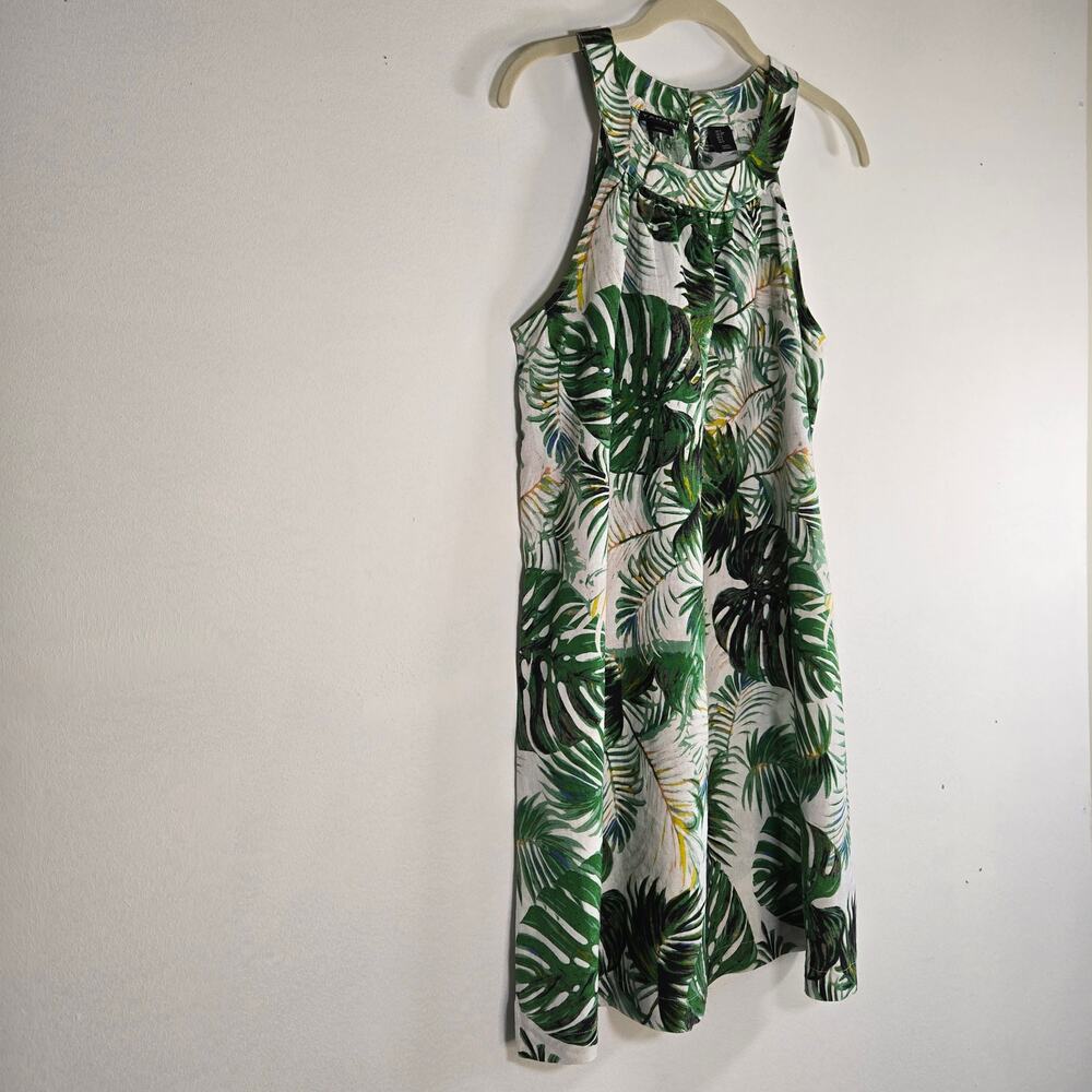 TAHARI 100% LINEN SUNDRESS Size M Coastal Palm Print Tropical Halter Dress - Picture 3 of 9